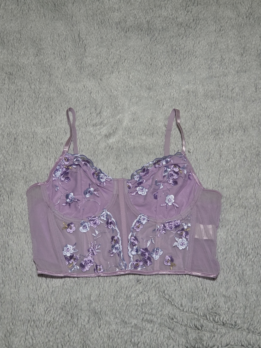 Embroidered Longline Sheer Bralette in Dusty Lilac Size L.